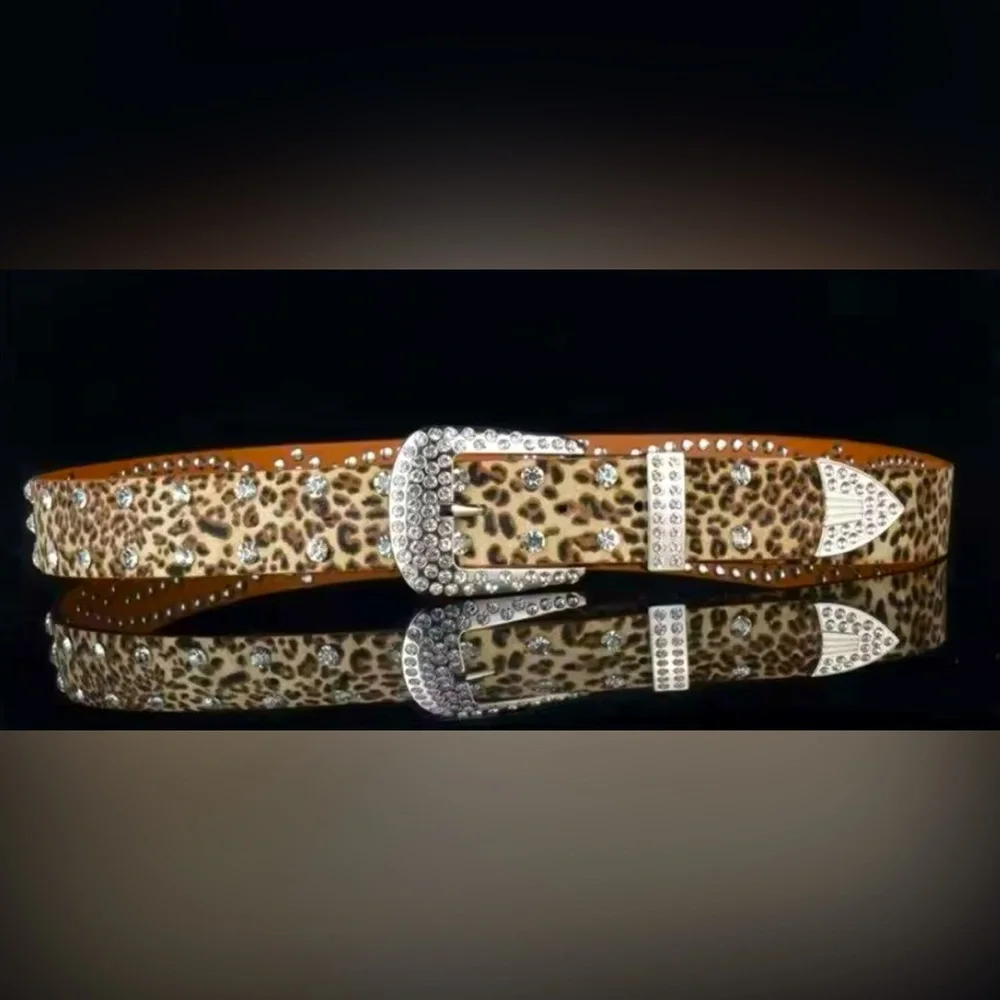 Leopard Print Studded Rhinestone Belt PU Leather Bling Women’s Fashion Belt